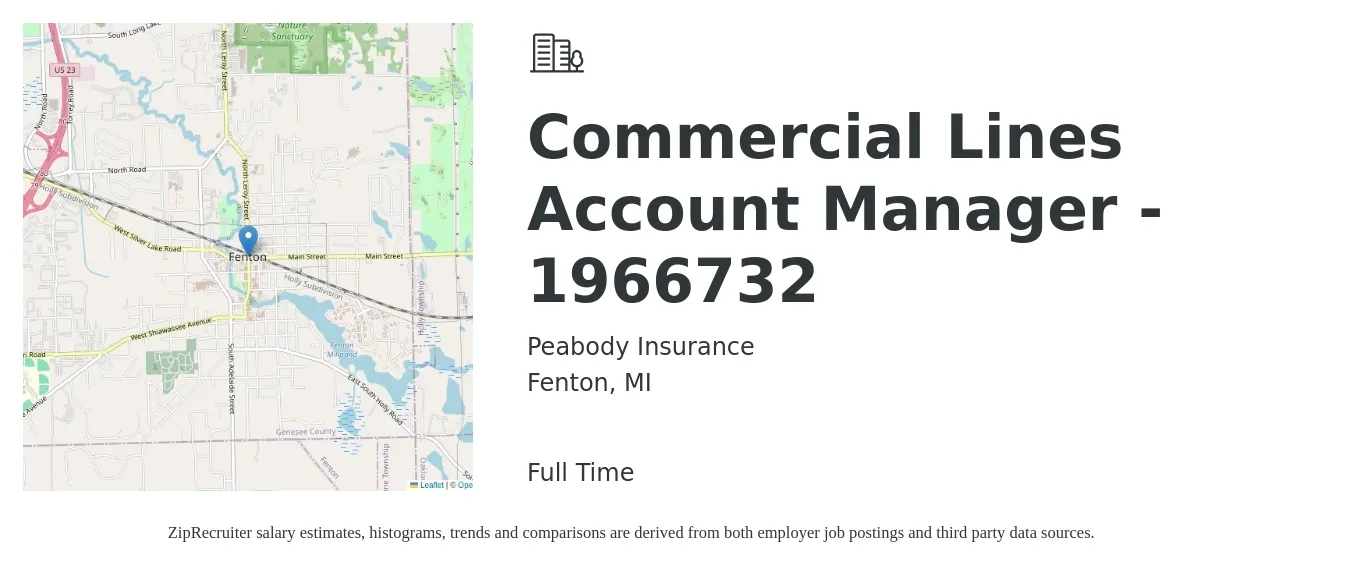 Peabody Insurance job posting for a Commercial Lines Account Manager - 1966732 in Fenton, MI with a salary of $50,100 to $72,700 Yearly with a map of Fenton location.