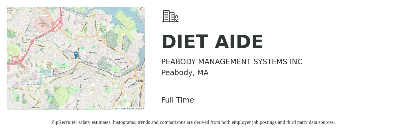 PEABODY MANAGEMENT SYSTEMS INC job posting for a DIET AIDE in Peabody, MA with a salary of $15 to $19 Hourly with a map of Peabody location.