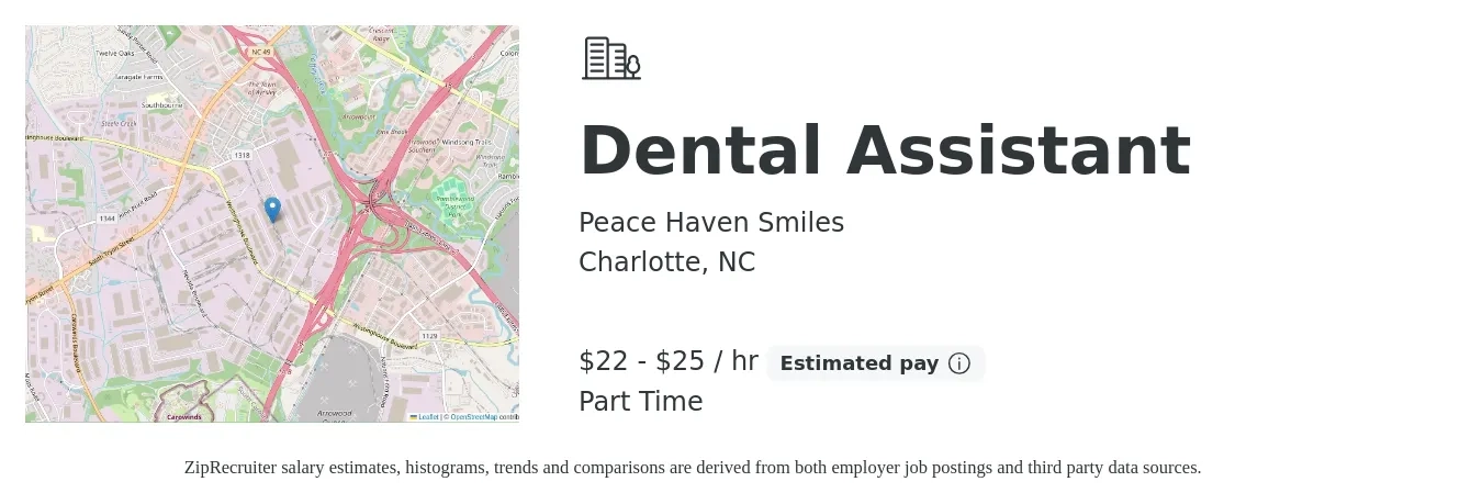 Peace Haven Smiles job posting for a Dental Assistant in Charlotte, NC with a salary of $23 to $26 Hourly with a map of Charlotte location.