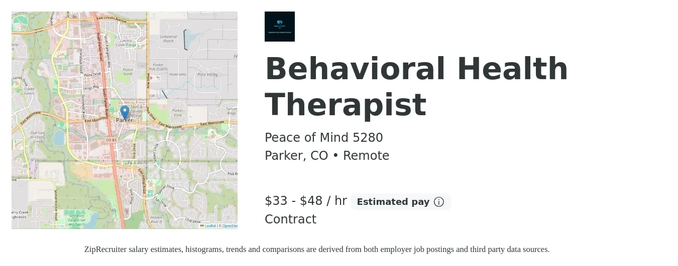 Peace of Mind 5280 job posting for a Behavioral Health Therapist in Parker, CO with a salary of $35 to $50 Hourly with a map of Parker location.