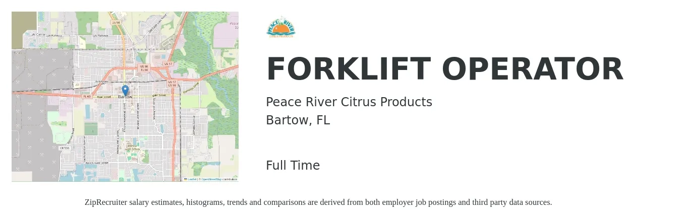 Peace River Citrus Products job posting for a FORKLIFT OPERATOR in Bartow, FL with a salary of $14 to $16 Hourly with a map of Bartow location.