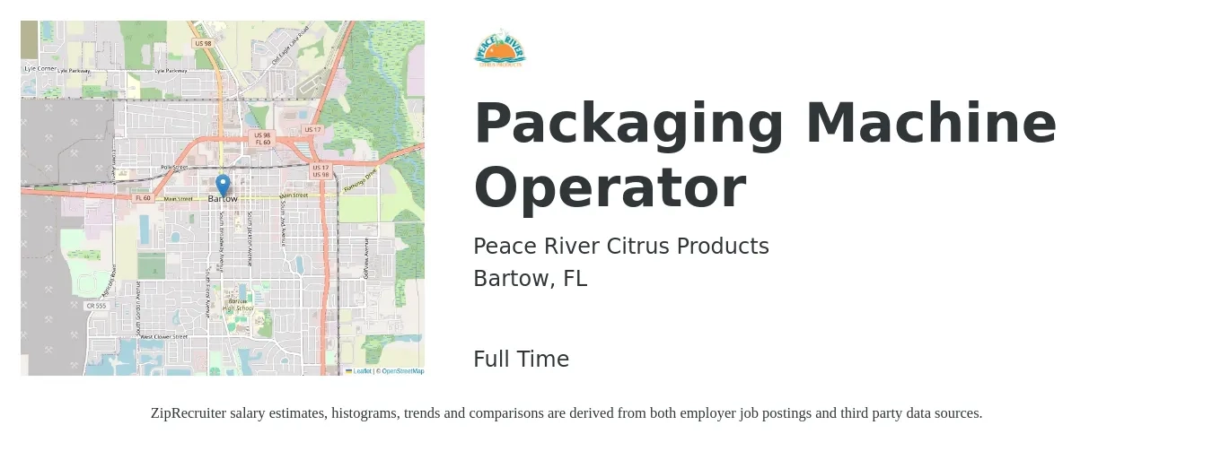 Peace River Citrus Products job posting for a Packaging Machine Operator in Bartow, FL with a salary of $14 to $19 Hourly with a map of Bartow location.