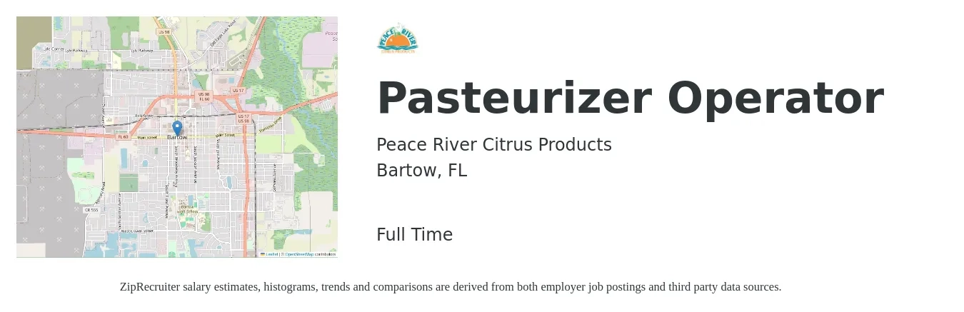 Peace River Citrus Products job posting for a Pasteurizer Operator in Bartow, FL with a salary of $15 to $18 Hourly with a map of Bartow location.