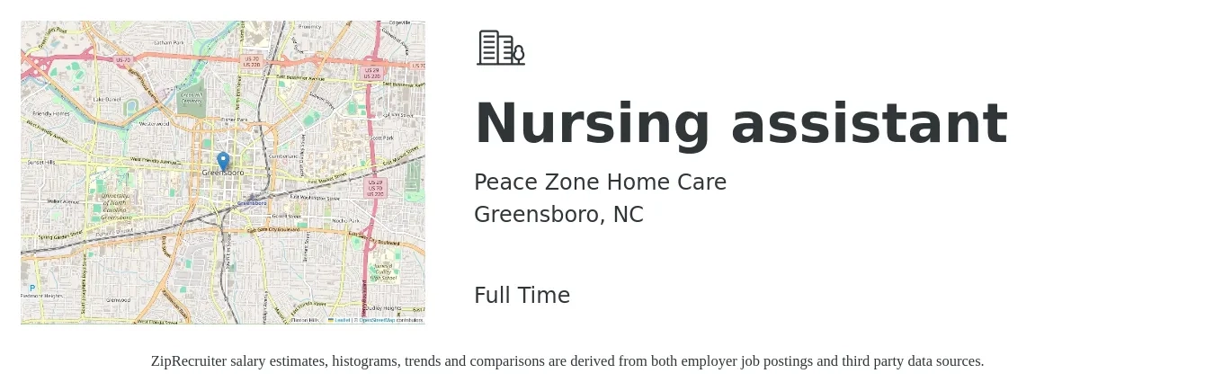 Peace Zone Home Care job posting for a Nursing assistant in Greensboro, NC with a salary of $30,400 to $40,100 Yearly with a map of Greensboro location.