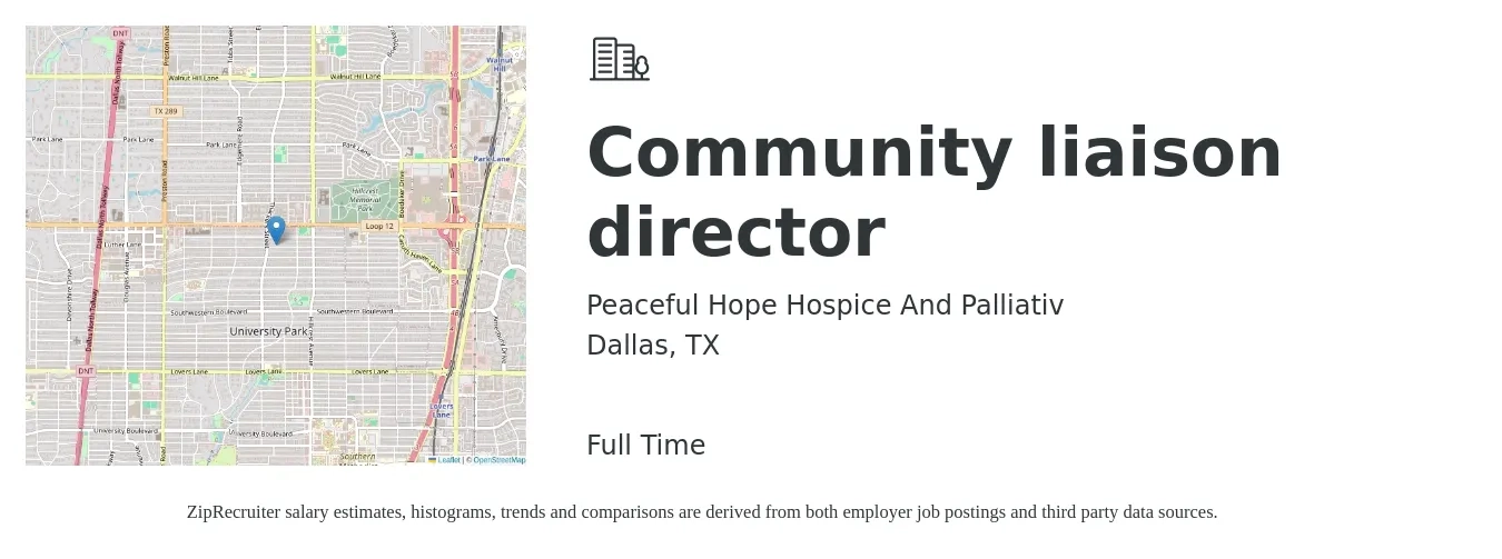 Peaceful Hope Hospice And Palliativ job posting for a Community liaison director in Dallas, TX with a salary of $19 to $30 Hourly with a map of Dallas location.