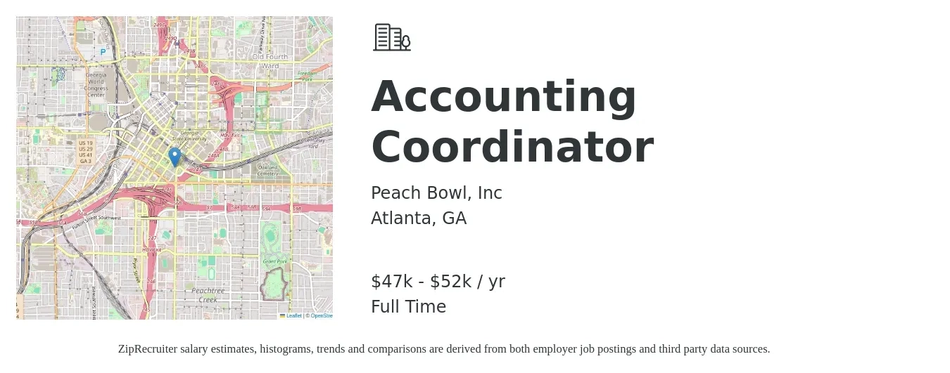 Peach Bowl, Inc job posting for a Accounting Coordinator in Atlanta, GA with a salary of $47,000 to $52,000 Yearly with a map of Atlanta location.