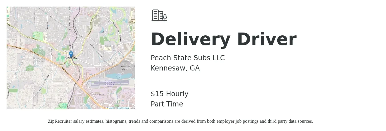 Peach State Subs LLC job posting for a Delivery Driver in Kennesaw, GA with a salary of $16 Hourly with a map of Kennesaw location.