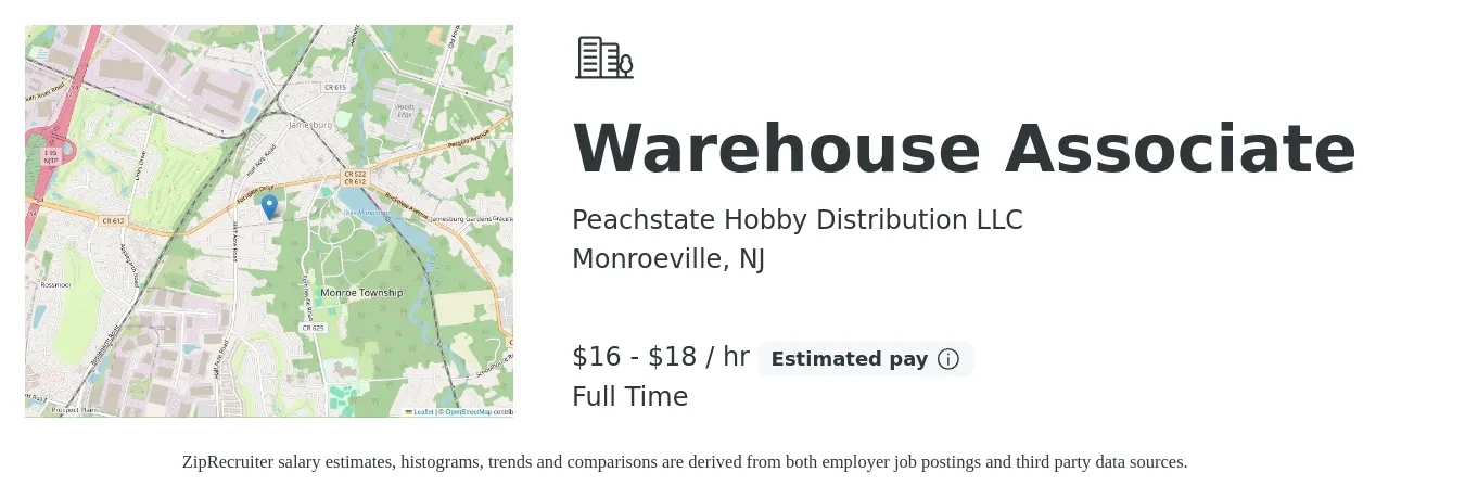 Peachstate Hobby Distribution LLC job posting for a Warehouse Associate in Monroeville, NJ with a salary of $17 to $19 Hourly with a map of Monroeville location.