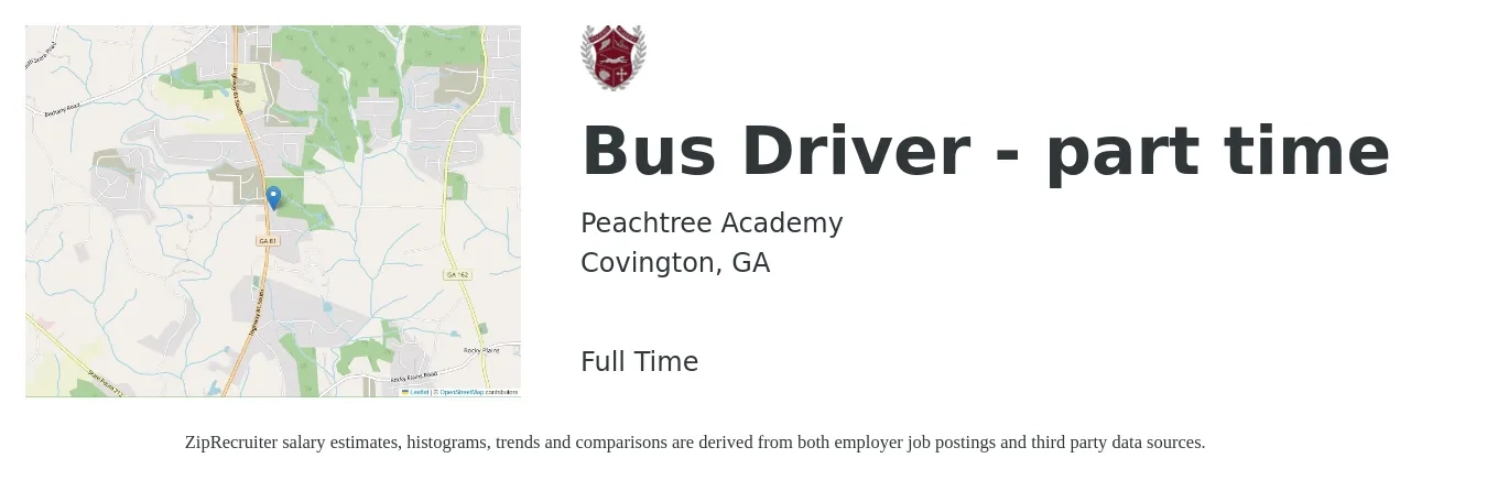 Peachtree Academy job posting for a Bus Driver - part time in Covington, GA with a salary of $14 to $20 Hourly with a map of Covington location.