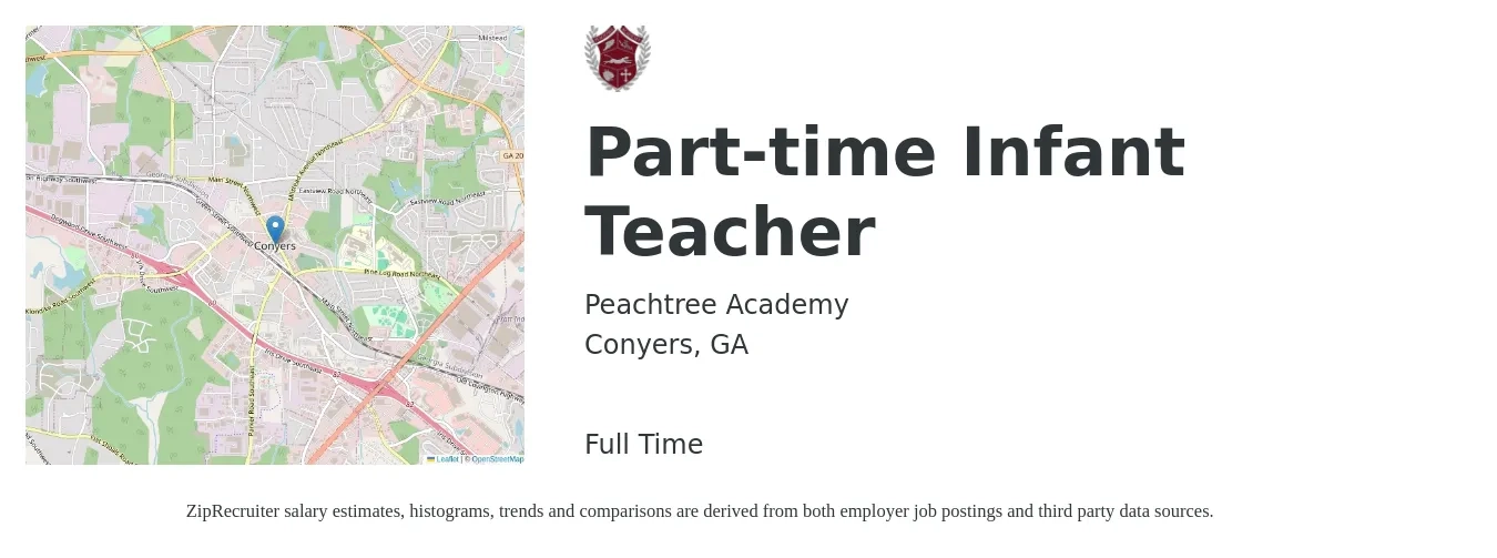 Peachtree Academy job posting for a Part-time Infant Teacher in Conyers, GA with a salary of $11 to $13 Hourly with a map of Conyers location.