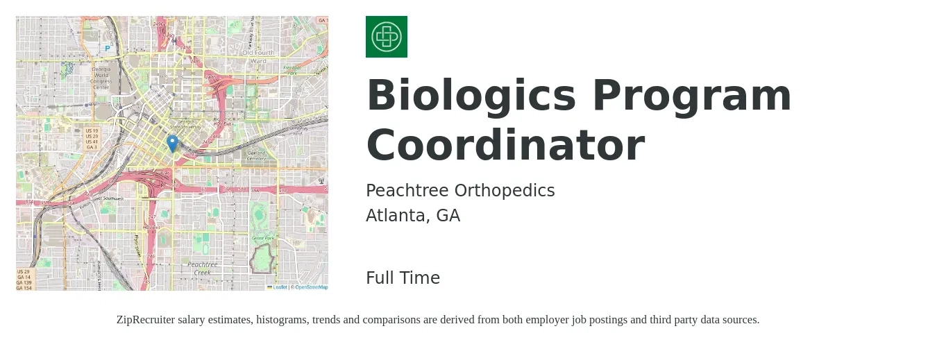 Peachtree Orthopedics job posting for a Biologics Program Coordinator in Atlanta, GA with a salary of $40,400 to $59,600 Yearly with a map of Atlanta location.
