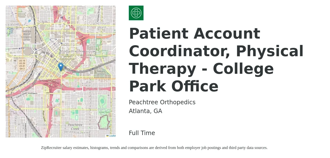 Peachtree Orthopedics job posting for a Patient Account Coordinator, Physical Therapy - College Park Office in Atlanta, GA with a salary of $17 to $20 Hourly with a map of Atlanta location.