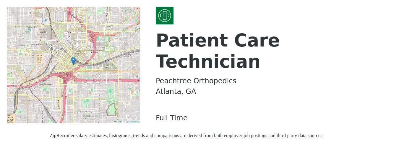 Peachtree Orthopedics job posting for a Patient Care Technician in Atlanta, GA with a salary of $16 to $20 Hourly with a map of Atlanta location.