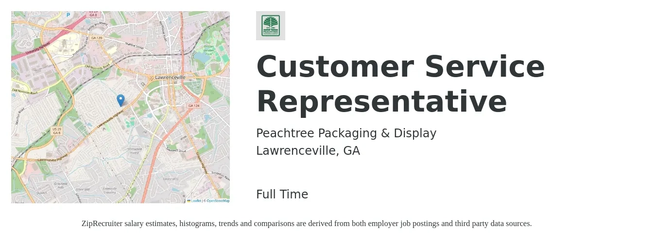 Peachtree Packaging & Display job posting for a Customer Service Representative in Lawrenceville, GA with a salary of $15 to $20 Hourly with a map of Lawrenceville location.