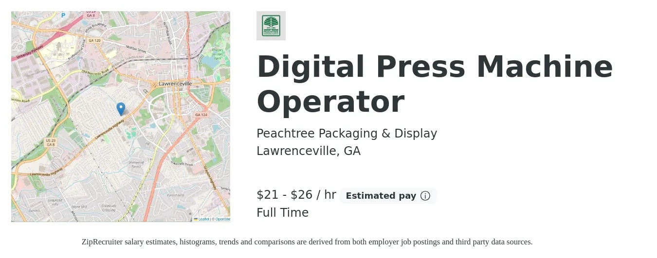 Peachtree Packaging & Display job posting for a Digital Press Machine Operator in Lawrenceville, GA with a salary of $22 to $28 Hourly with a map of Lawrenceville location.