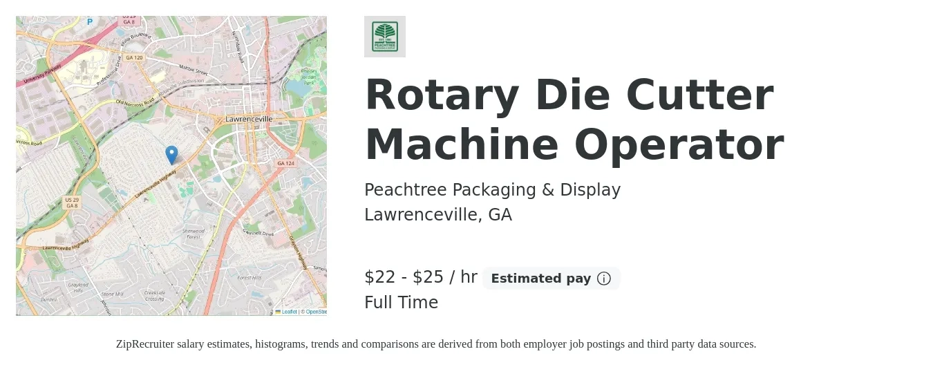Peachtree Packaging & Display job posting for a Rotary Die Cutter Machine Operator in Lawrenceville, GA with a salary of $23 to $27 Hourly with a map of Lawrenceville location.