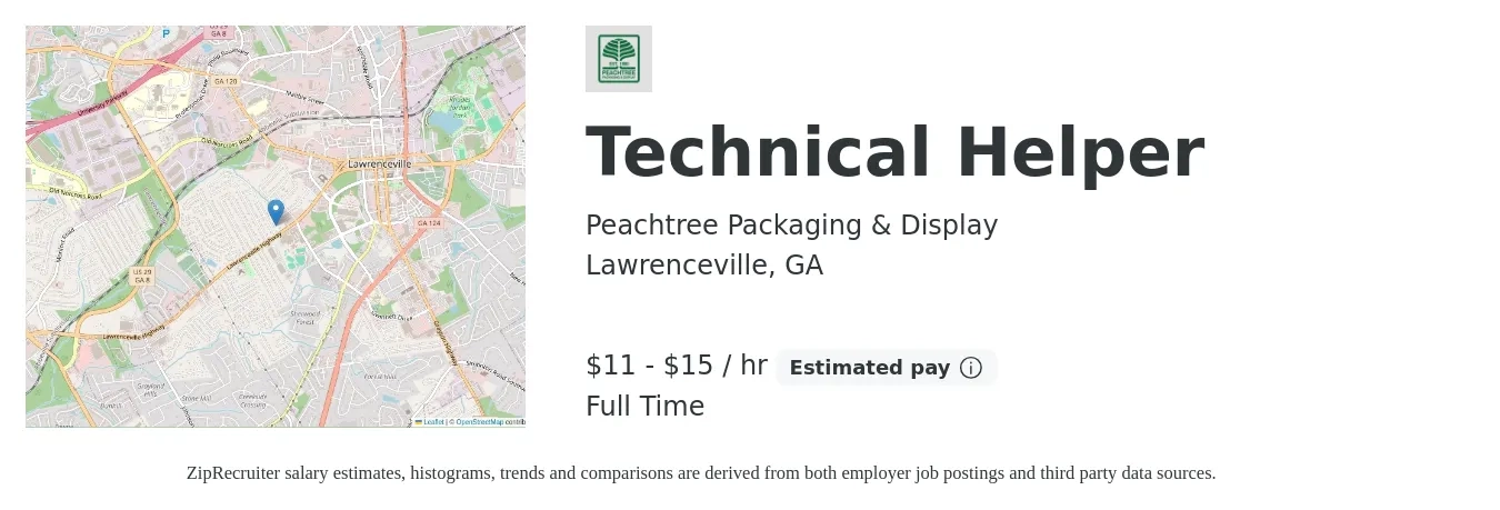 Peachtree Packaging & Display job posting for a Technical Helper in Lawrenceville, GA with a salary of $12 to $16 Hourly with a map of Lawrenceville location.