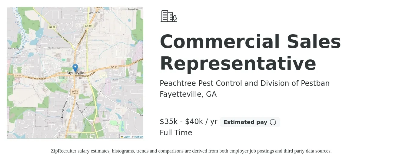 Peachtree Pest Control and Division of Pestban job posting for a Commercial Sales Representative in Fayetteville, GA with a salary of $35,000 to $40,000 Yearly with a map of Fayetteville location.