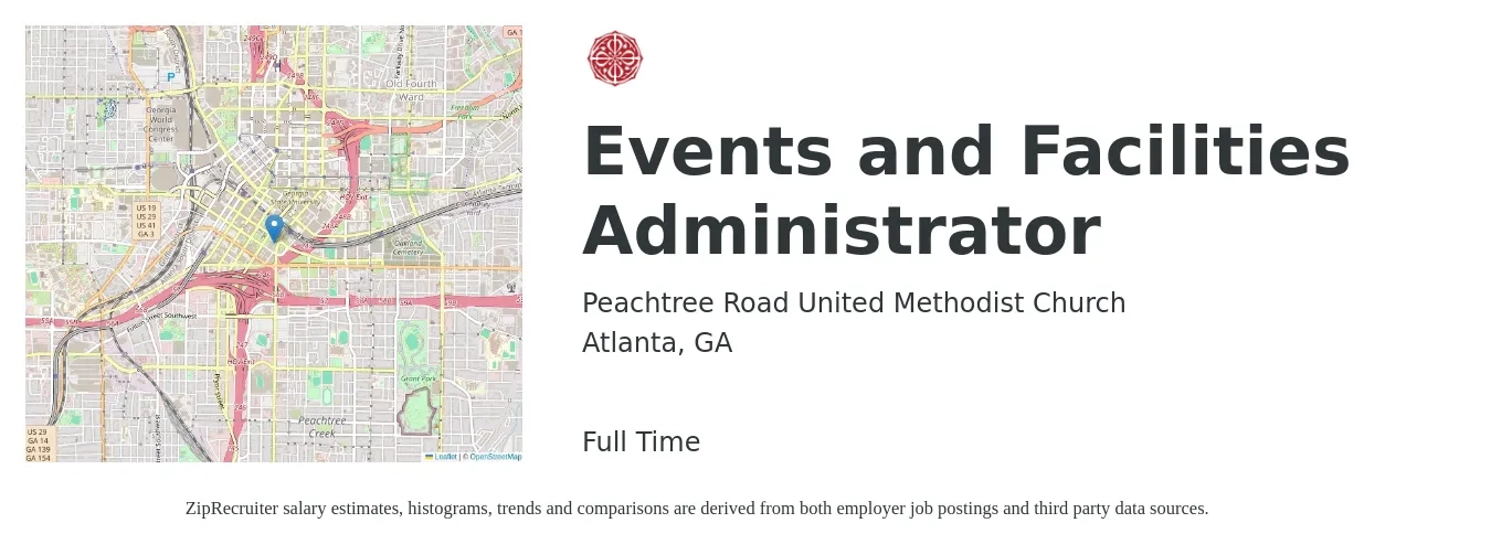 Peachtree Road United Methodist Church job posting for a Events and Facilities Administrator in Atlanta, GA with a salary of $51,000 to $84,100 Yearly with a map of Atlanta location.