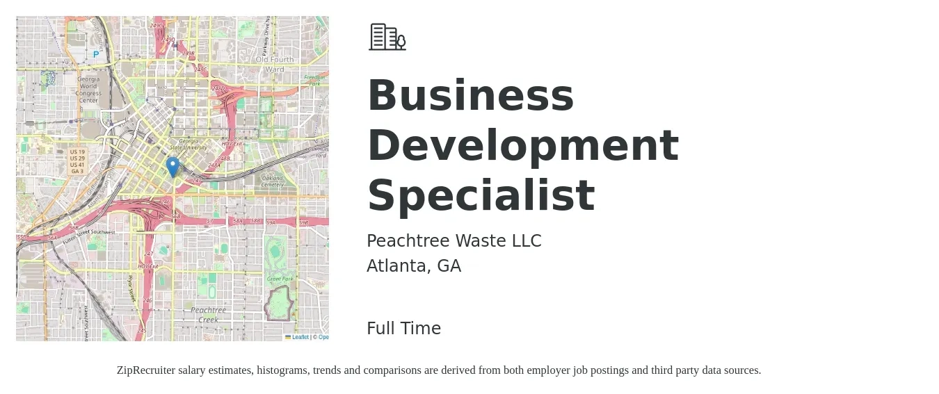 Peachtree Waste LLC job posting for a Business Development Specialist in Atlanta, GA with a salary of $45,200 to $75,500 Yearly with a map of Atlanta location.