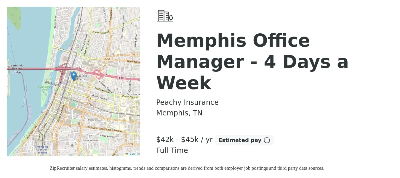 Peachy Insurance job posting for a Memphis Office Manager - 4 Days a Week in Memphis, TN with a salary of $42,000 to $45,000 Yearly with a map of Memphis location.