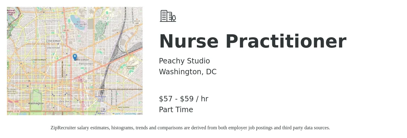 Peachy Studio job posting for a Nurse Practitioner in Washington, DC with a salary of $60 to $62 Hourly with a map of Washington location.