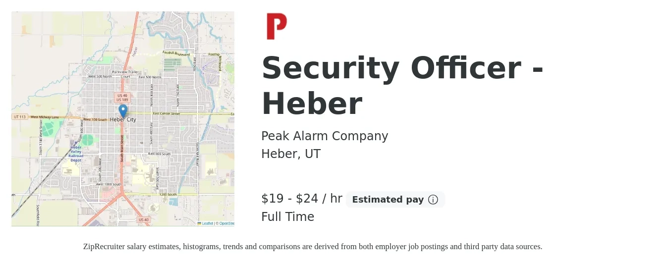 Peak Alarm Company job posting for a Security Officer - Heber in Heber, UT with a salary of $20 to $25 Hourly with a map of Heber location.