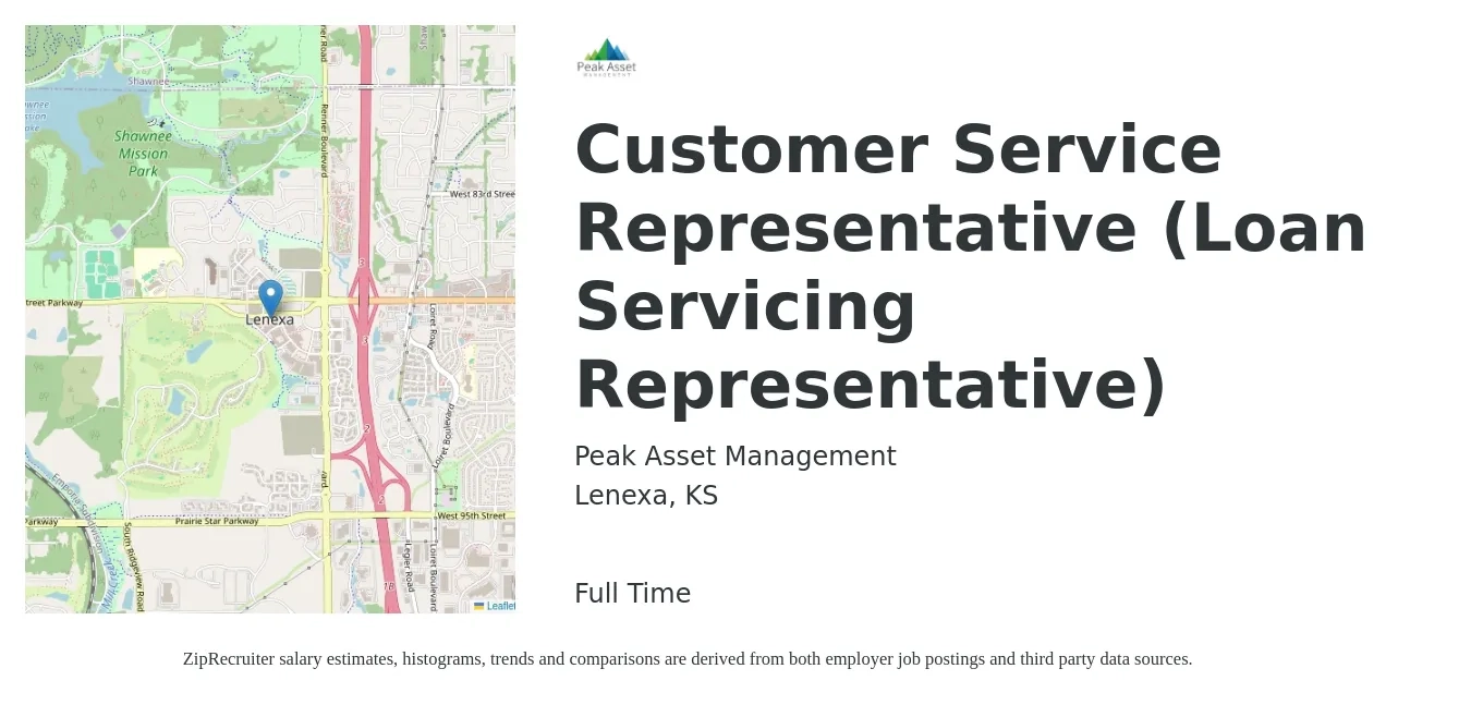 Peak Asset Management job posting for a Customer Service Representative (Loan Servicing Representative) in Lenexa, KS with a salary of $18 to $22 Hourly with a map of Lenexa location.