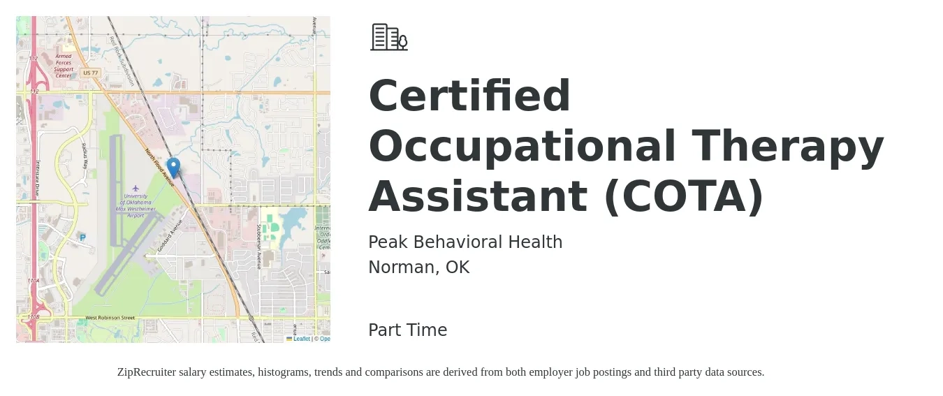 Peak Behavioral Health job posting for a Certified Occupational Therapy Assistant (COTA) in Norman, OK with a salary of $30 to $40 Hourly with a map of Norman location.