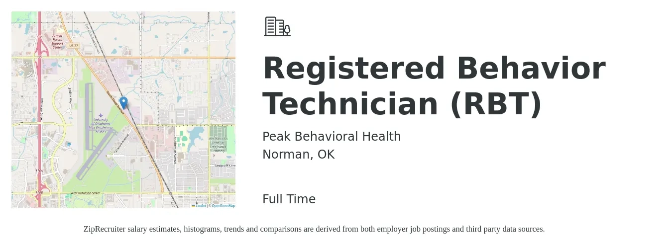 Peak Behavioral Health job posting for a Registered Behavior Technician (RBT) in Norman, OK with a salary of $13 to $22 Hourly with a map of Norman location.