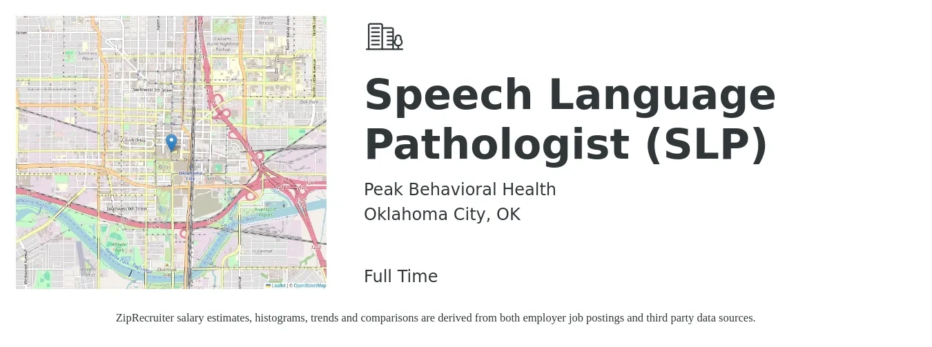 Peak Behavioral Health job posting for a Speech Language Pathologist (SLP) in Oklahoma City, OK with a salary of $35 to $50 Hourly with a map of Oklahoma City location.