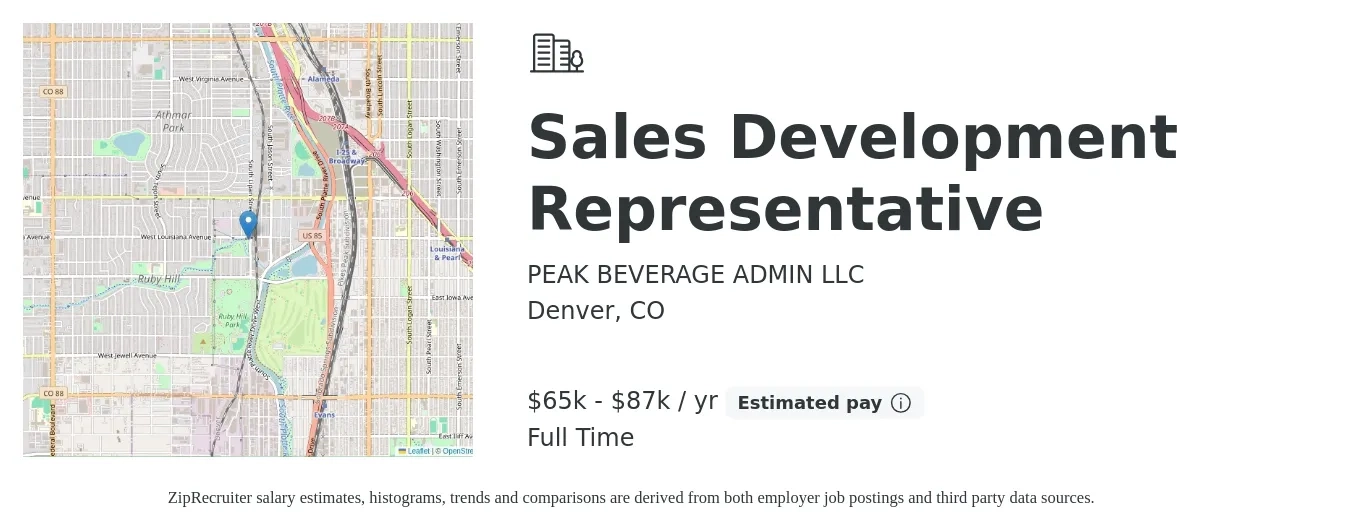 PEAK BEVERAGE ADMIN LLC job posting for a Sales Development Representative in Denver, CO with a salary of $65,000 to $87,000 Yearly with a map of Denver location.