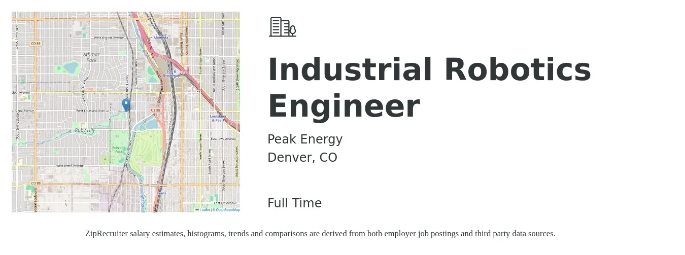 Peak Energy job posting for a Industrial Robotics Engineer in Denver, CO with a salary of $85,900 to $130,700 Yearly with a map of Denver location.