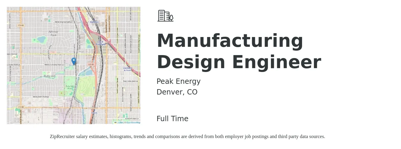 Peak Energy job posting for a Manufacturing Design Engineer in Denver, CO with a salary of $72,000 to $102,900 Yearly with a map of Denver location.