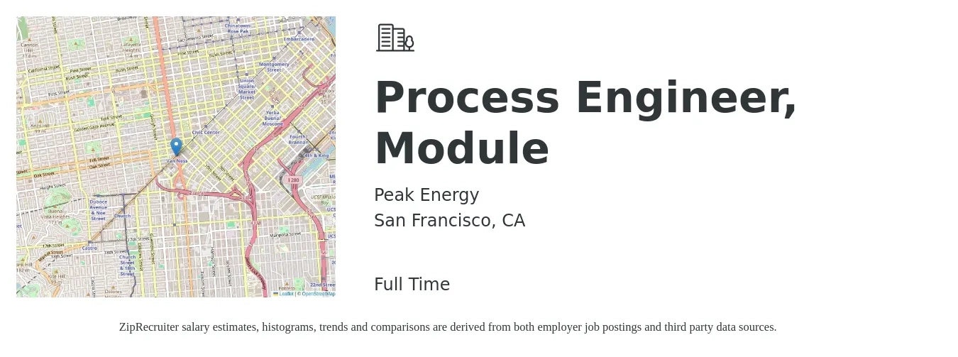 Peak Energy job posting for a Process Engineer, Module in San Francisco, CA with a salary of $87,800 to $121,400 Yearly with a map of San Francisco location.