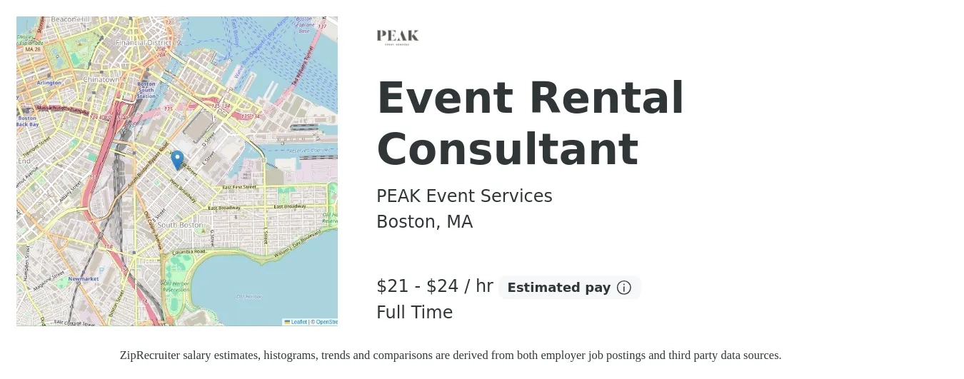 PEAK Event Services job posting for a Event Rental Consultant in Boston, MA with a salary of $22 to $25 Hourly (plus commission) and benefits including life_insurance, medical, pto, retirement, vision, and dental with a map of Boston location.