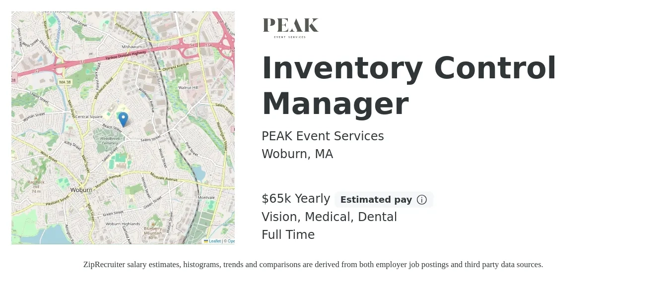 PEAK Event Services job posting for a Inventory Control Manager in Woburn, MA with a salary of $65,000 Yearly and benefits including retirement, vision, dental, life_insurance, medical, and pto with a map of Woburn location.