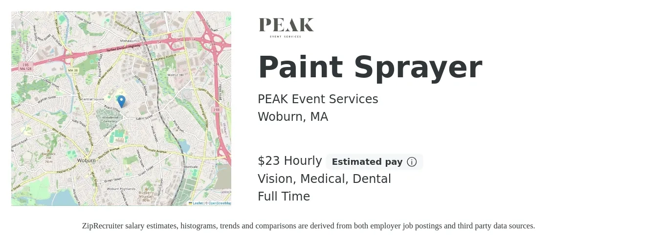PEAK Event Services job posting for a Paint Sprayer in Woburn, MA with a salary of $24 Hourly and benefits including medical, pto, retirement, vision, dental, and life_insurance with a map of Woburn location.