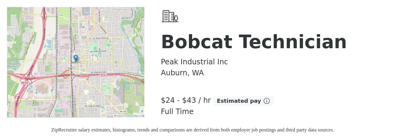 Peak Industrial Inc job posting for a Bobcat Technician in Auburn, WA with a salary of $25 to $45 Hourly with a map of Auburn location.