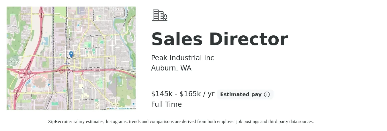 Peak Industrial Inc job posting for a Sales Director in Auburn, WA with a salary of $145,000 to $165,000 Yearly with a map of Auburn location.