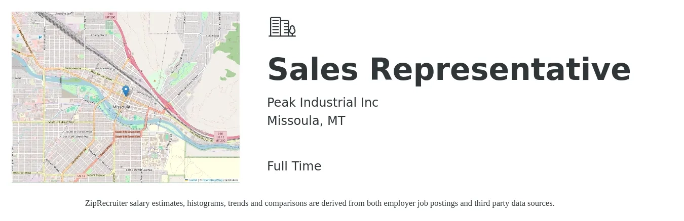 Peak Industrial Inc job posting for a Sales Representative in Missoula, MT with a salary of $49,700 to $86,300 Yearly with a map of Missoula location.
