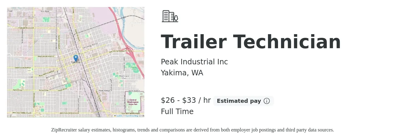 Peak Industrial Inc job posting for a Trailer Technician in Yakima, WA with a salary of $28 to $35 Hourly with a map of Yakima location.