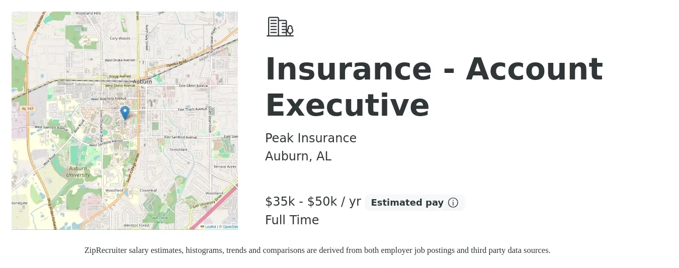 Peak Insurance job posting for a Insurance - Account Executive in Auburn, AL with a salary of $35,000 to $50,000 Yearly with a map of Auburn location.