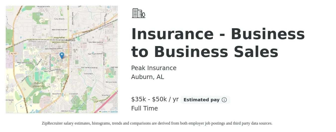 Peak Insurance job posting for a Insurance - Business to Business Sales in Auburn, AL with a salary of $35,000 to $50,000 Yearly with a map of Auburn location.