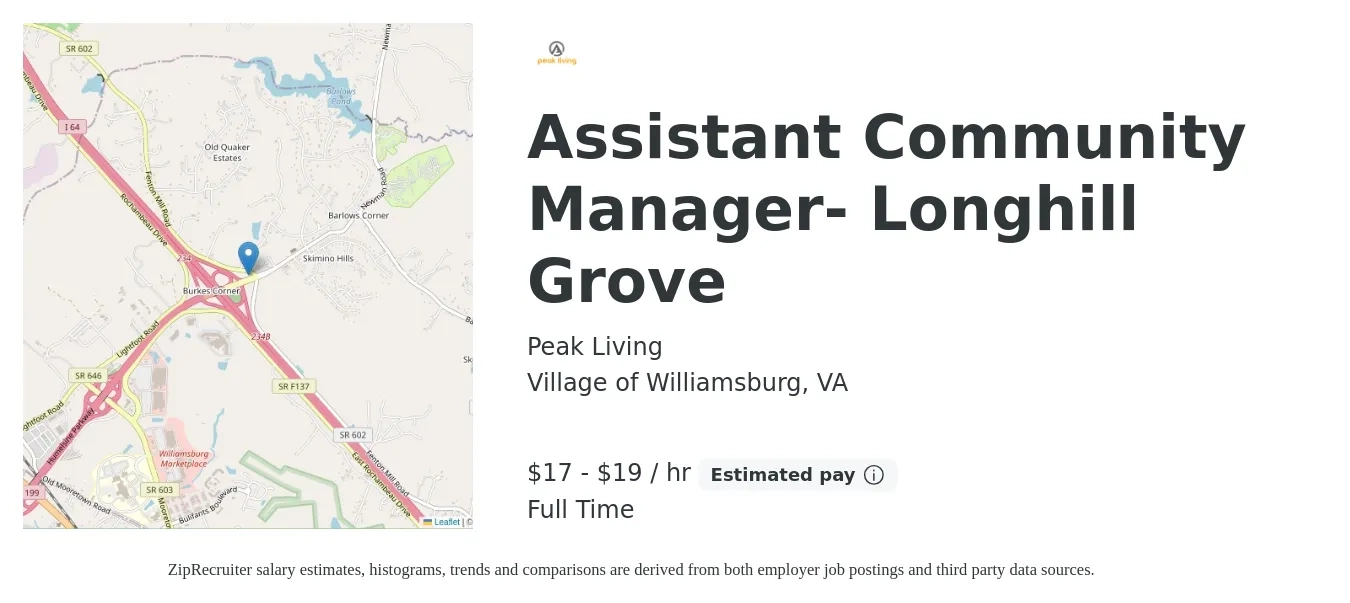 Peak Living job posting for a Assistant Community Manager- Longhill Grove in Village of Williamsburg, VA with a salary of $15 to $17 Hourly with a map of Village of Williamsburg location.