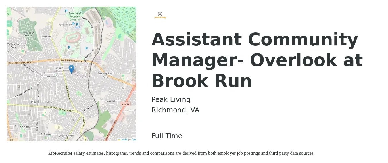 Peak Living job posting for a Assistant Community Manager- Overlook at Brook Run in Richmond, VA with a salary of $23 to $25 Hourly with a map of Richmond location.
