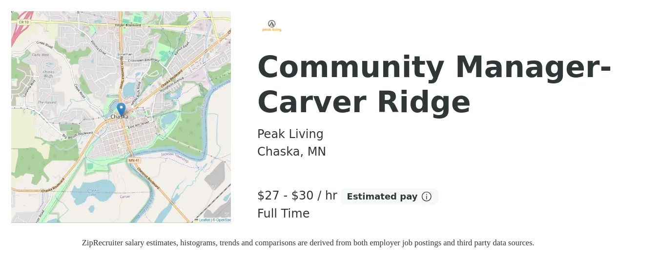 Peak Living job posting for a Community Manager- Carver Ridge in Chaska, MN with a salary of $60,000 to $65,000 Yearly with a map of Chaska location.