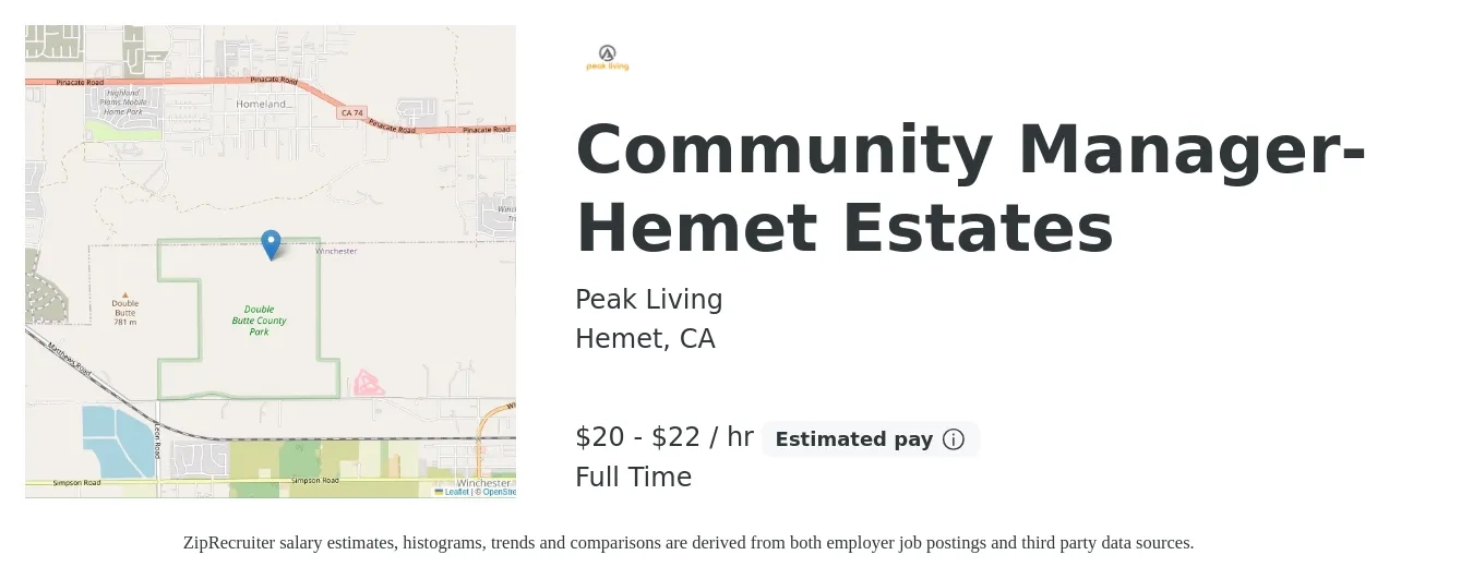 Peak Living job posting for a Community Manager- Hemet Estates in Hemet, CA with a salary of $21 to $23 Hourly with a map of Hemet location.
