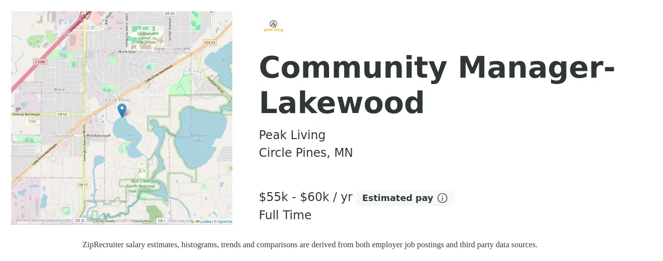 Peak Living job posting for a Community Manager- Lakewood in Circle Pines, MN with a salary of $55,000 to $60,000 Yearly with a map of Circle Pines location.