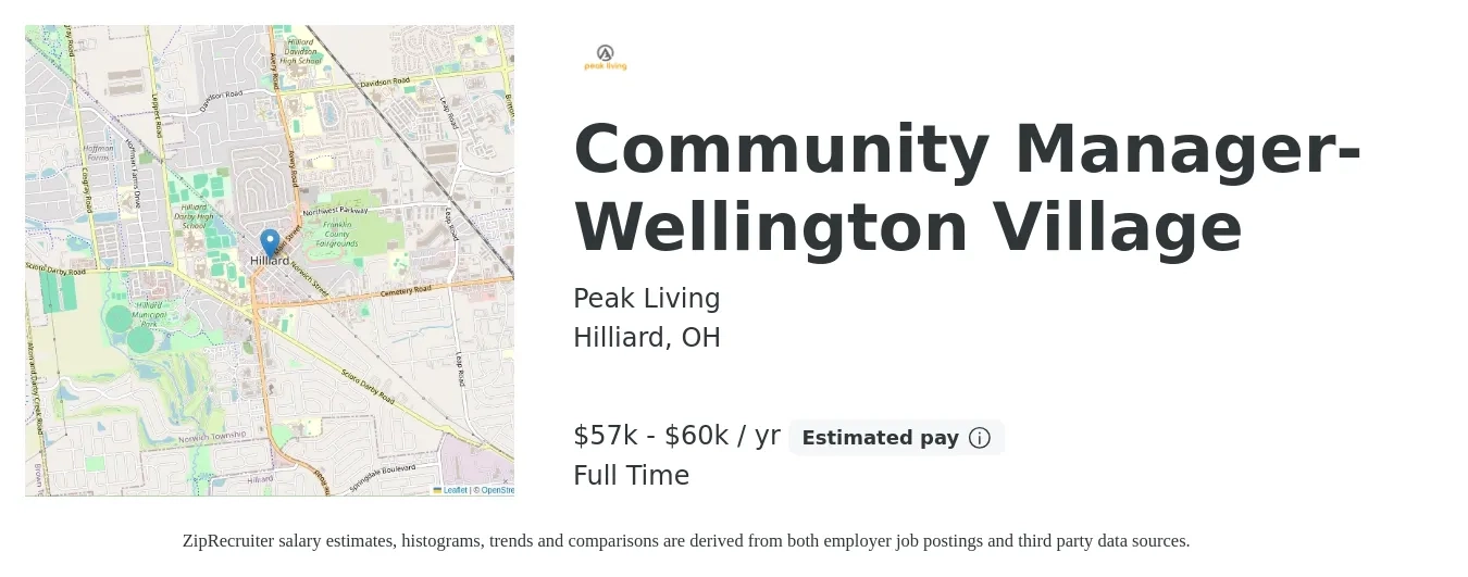 Peak Living job posting for a Community Manager- Wellington Village in Hilliard, OH with a salary of $47,000 to $50,000 Yearly with a map of Hilliard location.